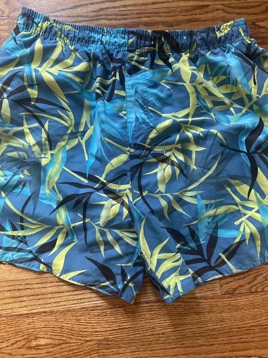 Sand N Sun Other - Men's Blue & Lime Green Leaf-Print Swim Trunks Large